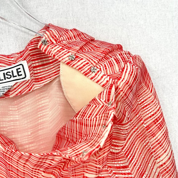 CARLISLE Vintage Shirt Womens 10 Red Cream Silk Short Sleeve Round Neck top - Picture 12 of 15